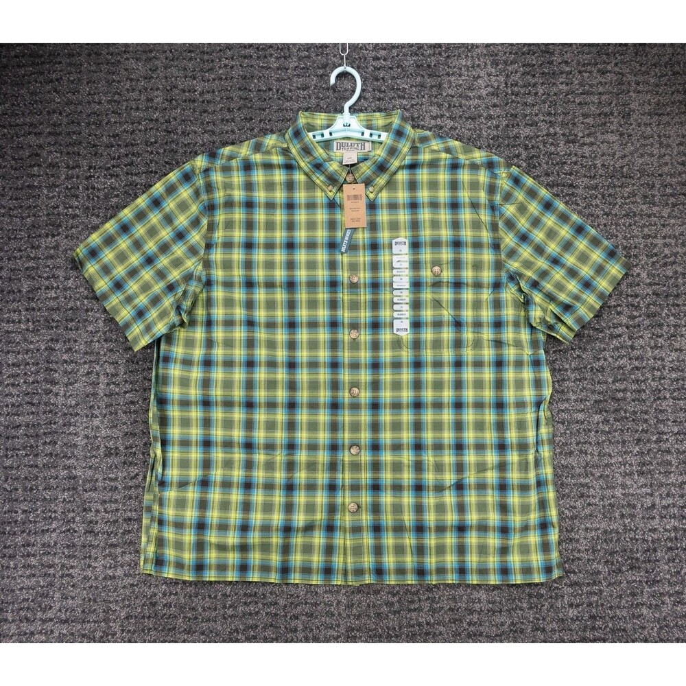 Duluth Trading Shirt Mens 2XL Green Plaid Relaxed Untucked Short Sleeve NWT 01